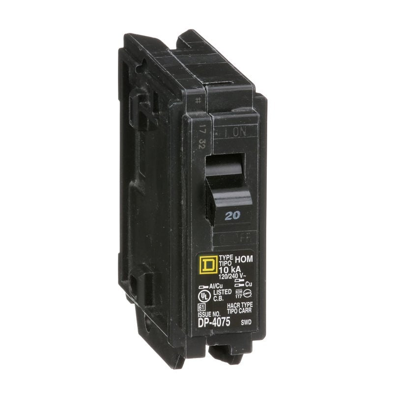 Square D Homeline HOM120CP Circuit Breaker, Mini, 20 A, 1-Pole, 120 V, Fixed Trip, Plug, Black