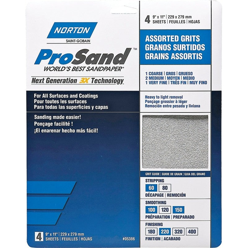 Norton ProSand 07660705386 Sanding Sheet, 11 in L, 9 in W, Aluminum Oxide Abrasive, Fiber Backing