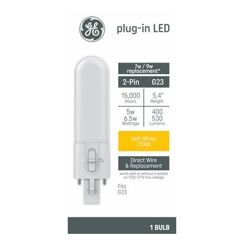 GE 93131928 LED Light Bulb, T10 Lamp, 9 W Equivalent, G23 Lamp Base, Soft White, 2700 K Color Temp