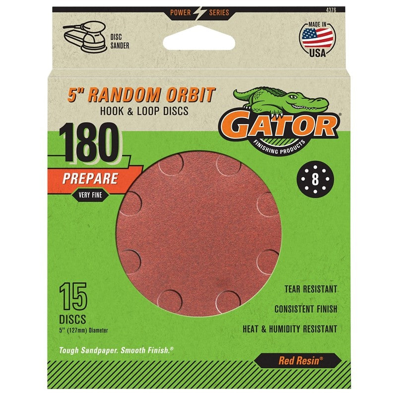 Gator 4376 Sanding Disc, 5 in Dia, 180 Grit, Extra Fine, Aluminum Oxide Abrasive, Fiber Backing, 15/PK