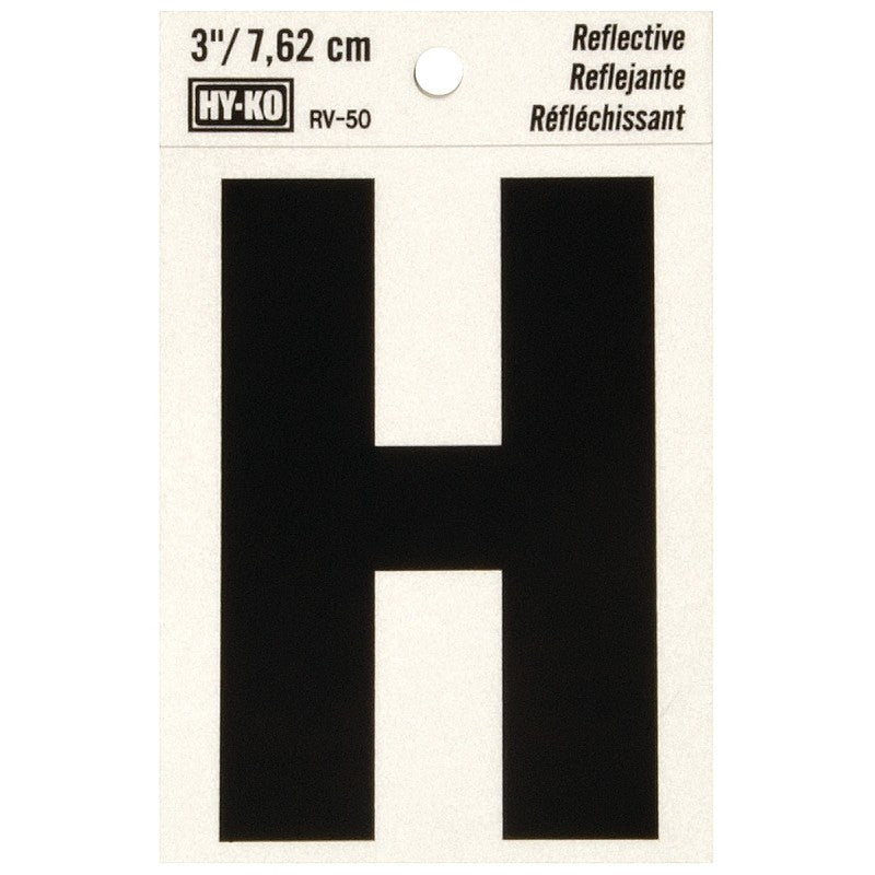 Hy-Ko RV-50/H Reflective Letter, 2-1/2 in W x 4 in H Dimensions, Character: H, 3 in H Character, Black Character, Vinyl (Pack of 10)