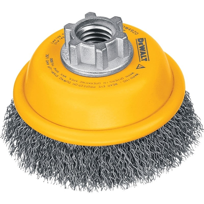 DEWALT DW4920 Wire Cup Brush, 3 in Dia, 5/8-11 Arbor/Shank, 0.014 in Dia Bristle, 13/16 in L Bristle Trim