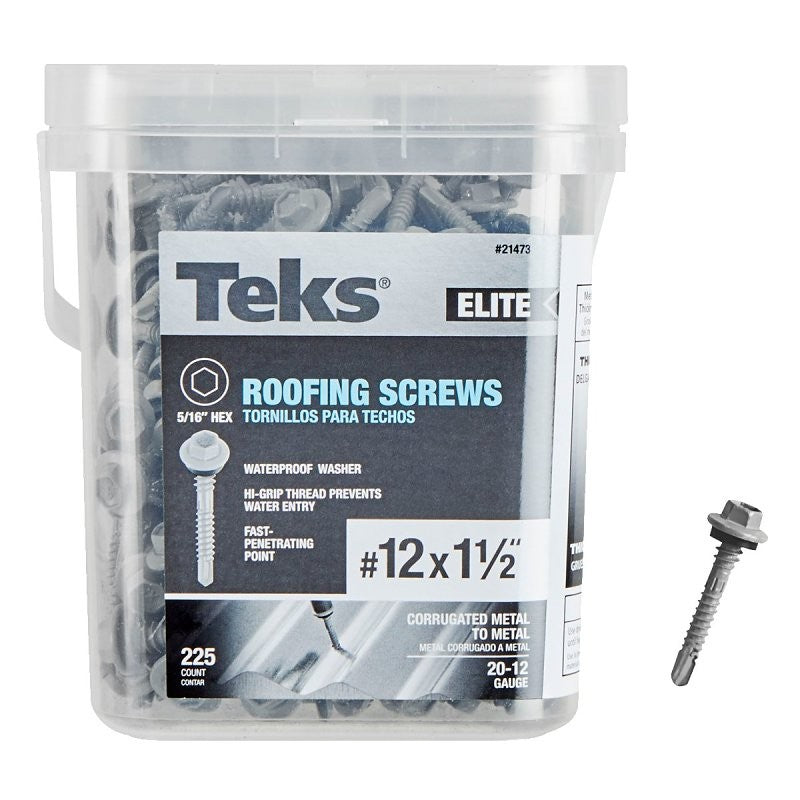 Teks Elite Series 21473 Roofing Screw, 1-1/2 in L, Coarse Thread, Washer Head, Hex Drive, Drill Point, Steel, 225