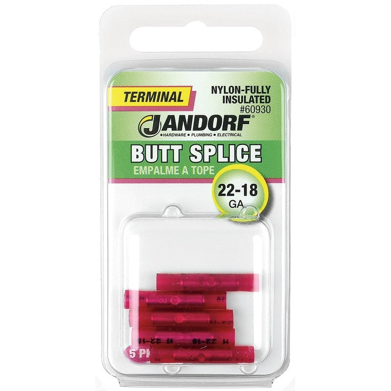 Jandorf 60930 Butt Splice Connector, 22 to 18 AWG Wire, Nylon Insulation, Copper Contact, Red