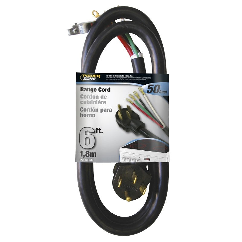 PowerZone ORR628206 Power Supply Range Cord, 6 8 AWG Cable, 6 ft L, 50 A, 250 V, Black