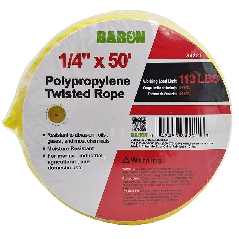 Baron 84221 Rope, 1/4 in Dia, 50 ft L, 113 lb Working Load, Polypropylene, Yellow