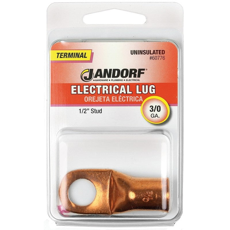 Jandorf 60776 Electrical Lug, 3/0 AWG Wire, 1/2 in Stud, Copper Contact, Brown
