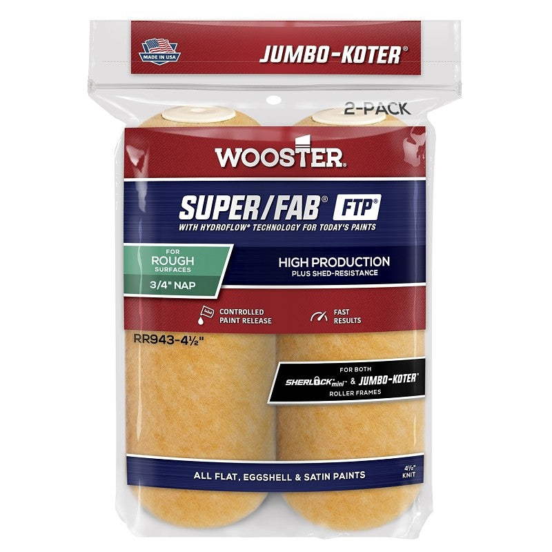 Wooster RR943-4 1/2 Paint Roller Cover, 3/4 in Thick Nap, 4-1/2 in L, Fabric Cover, Lager