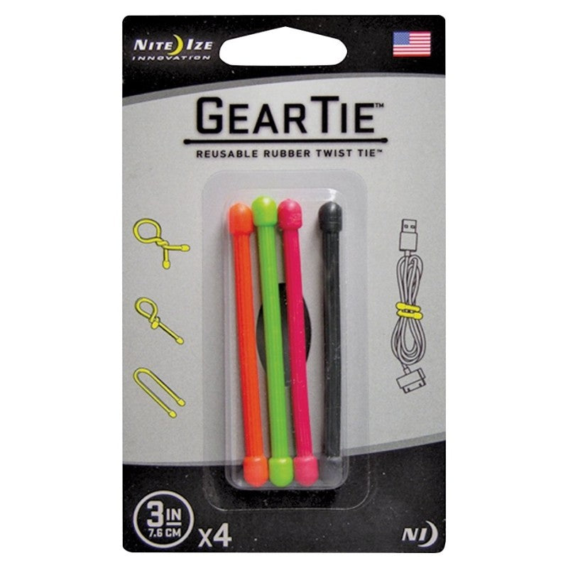 Gear Tie GT3-4PK-A1 Twist Tie, Rubber, Assorted, 3 in L