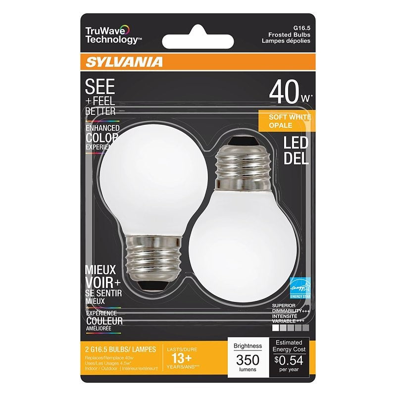 Sylvania 40799 Natural LED Bulb, Globe, G16.5 Lamp, 40 W Equivalent, E26 Lamp Base, Dimmable, Frosted, Soft White Light