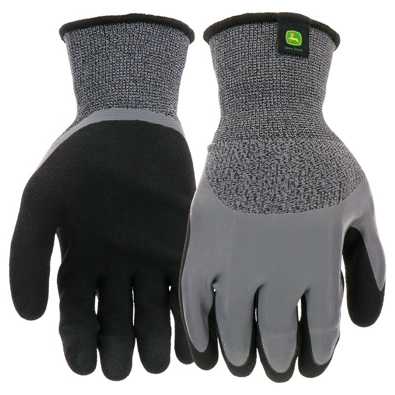 John Deere JD30500-L Double-Dipped Gloves, L, 4-1/4 in L, Knit Wrist, Seamless Cuff, Latex Coating, Black/Gray