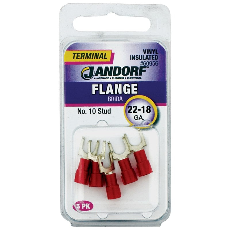 Jandorf 60956 Spade Terminal, 22 to 18 AWG Wire, #10 Stud, Vinyl Insulation, Copper Contact, Red