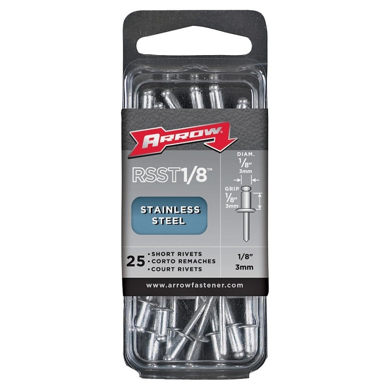 Arrow RSST1/8 Pop Rivet, Short, 1/8 in Grip, 1/8 in L, Stainless Steel, 25/PK