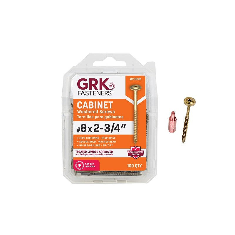 GRK Fasteners 12081 Cabinet Screw, #8 Thread, 2-3/4 in L, Coarse Thread, Washer Head, Star Drive, Steel, Yellow Zinc