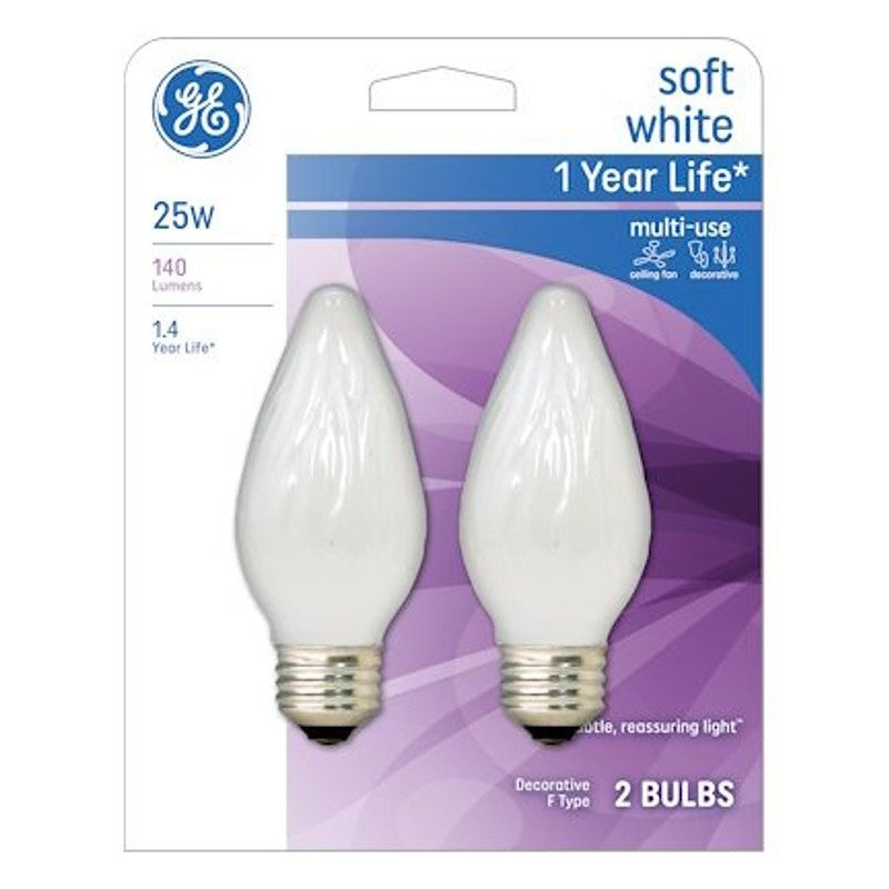 GE 75338 Ceiling Fan Bulb, 25 W, F15 Lamp, E26 Medium Lamp Base, 100 Lumens, 2400 K Color Temp, White Light (Pack of 4)