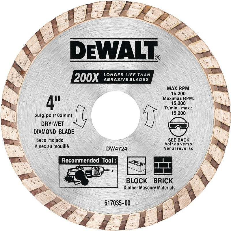 DEWALT DW4724 Series Circular Blade, Turbo Blade, 4 in Dia, 7/8 in Arbor, Diamond Cutting Edge