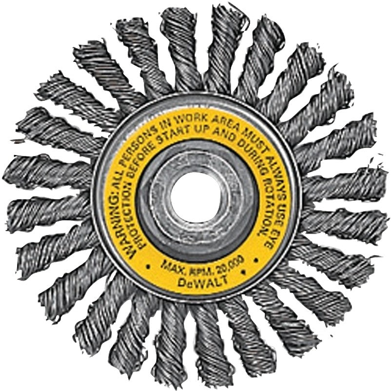 DEWALT DW4930 Wire Wheel Brush, 4 in Dia, 5/8-11 Arbor/Shank, Flat Knotted, Twisted Bristle, 0.02 in Dia Bristle