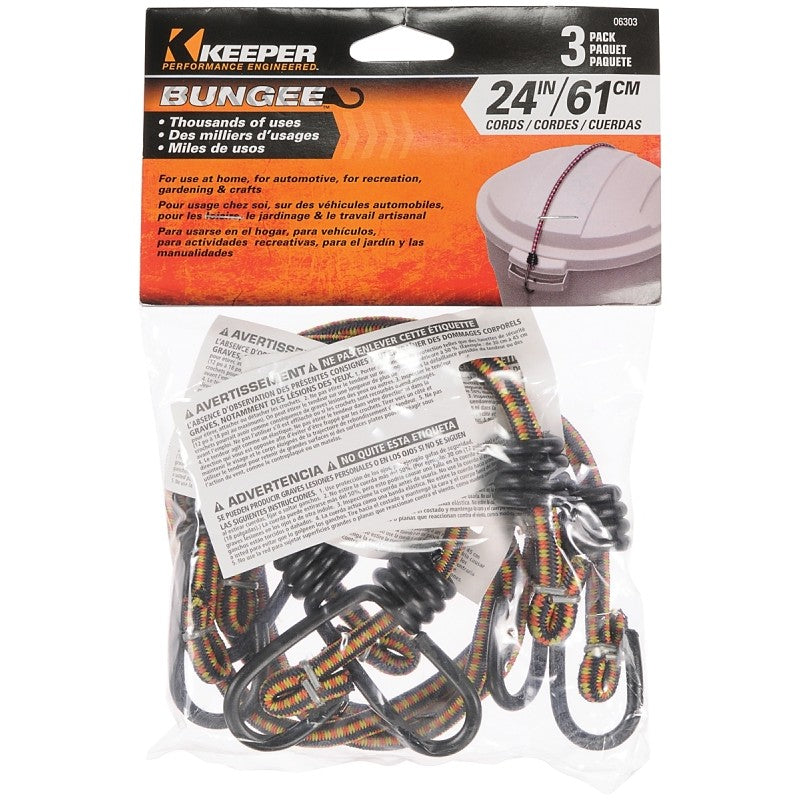 Keeper 06303 Bungee Cord, Steel End, 24 in L, Rubber, Hook End, 3/PK (Pack of 6)
