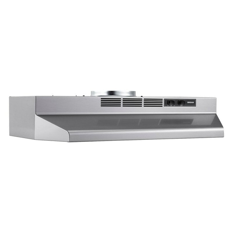 Broan F40000 Series F4030SF Under-Cabinet Range Hood, 230 cfm, 2850 rpm Fan, Convertible Vent, 30 in W, 17-1/2 in D