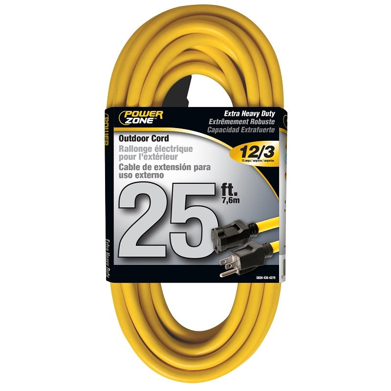 PowerZone OR500825 Extension Cord, 12 AWG Cable, 25 ft L, 125 V, Yellow