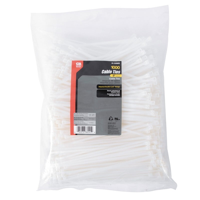 Gardner Bender 46-308MN Cable Tie, 1/4 in Max Bundle Dia, Double-Lock Locking, Nylon, Natural, 8 in L
