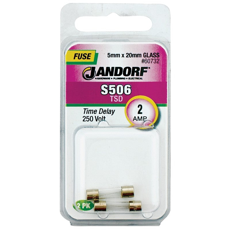 Jandorf 60732 Series Time Delay Fuse, 0.007 Ohm, 2 A, 250 V, 35 A Interrupt, Glass Body