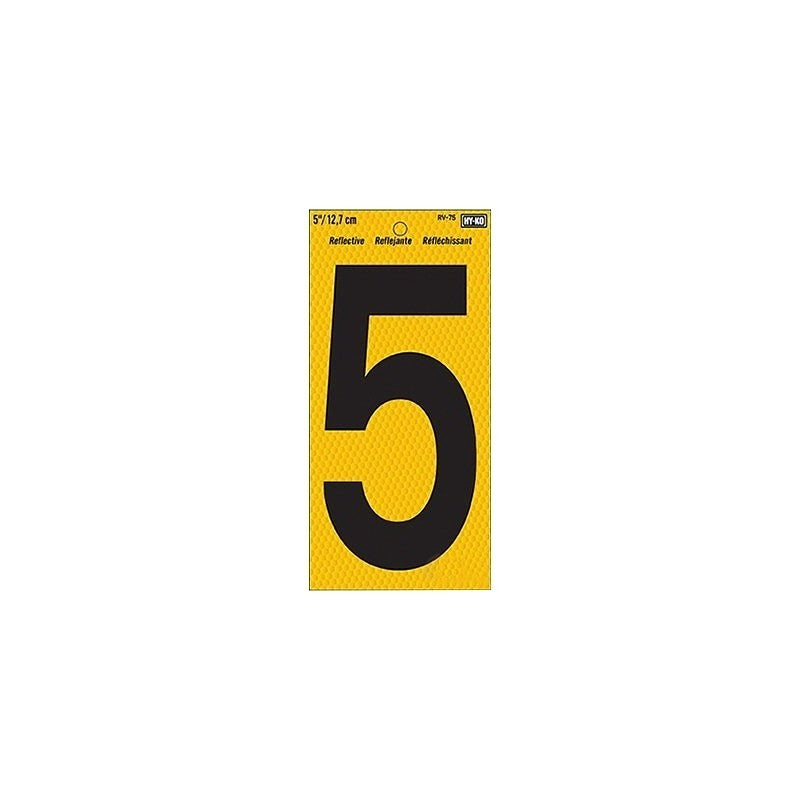 Hy-Ko RV-75/5 Reflective Sign, Character: 5, 5 in H Character, Black Character, Yellow Background, Vinyl (Pack of 10)