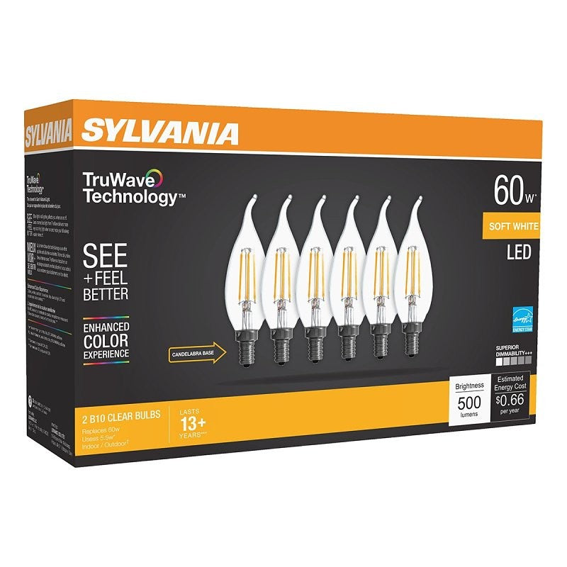Sylvania TruWave Series 40773 LED Bulb B10 Lamp, B10 Lamp, 60 W Equivalent, E12 Candelabra Lamp Base, Dimmable, Clear