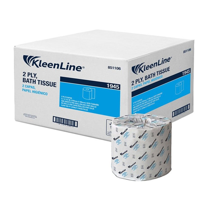 KleenLine 851106 Bath Tissue, 3.5 in L x 4.1 in W Sheet, 146 ft L Roll, 2-Ply, Virgin Fiber