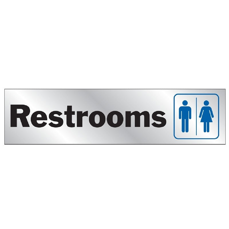Hy-Ko 488 Sign, Restrooms, Silver Background, Vinyl, 2 x 8 in Dimensions (Pack of 10)
