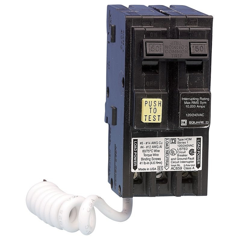 Square D Homeline HOM250GFICP Circuit Breaker, GFCI, Mini, 50 A, 2 -Pole, 120/240 V, Fixed Trip, Plug Mounting