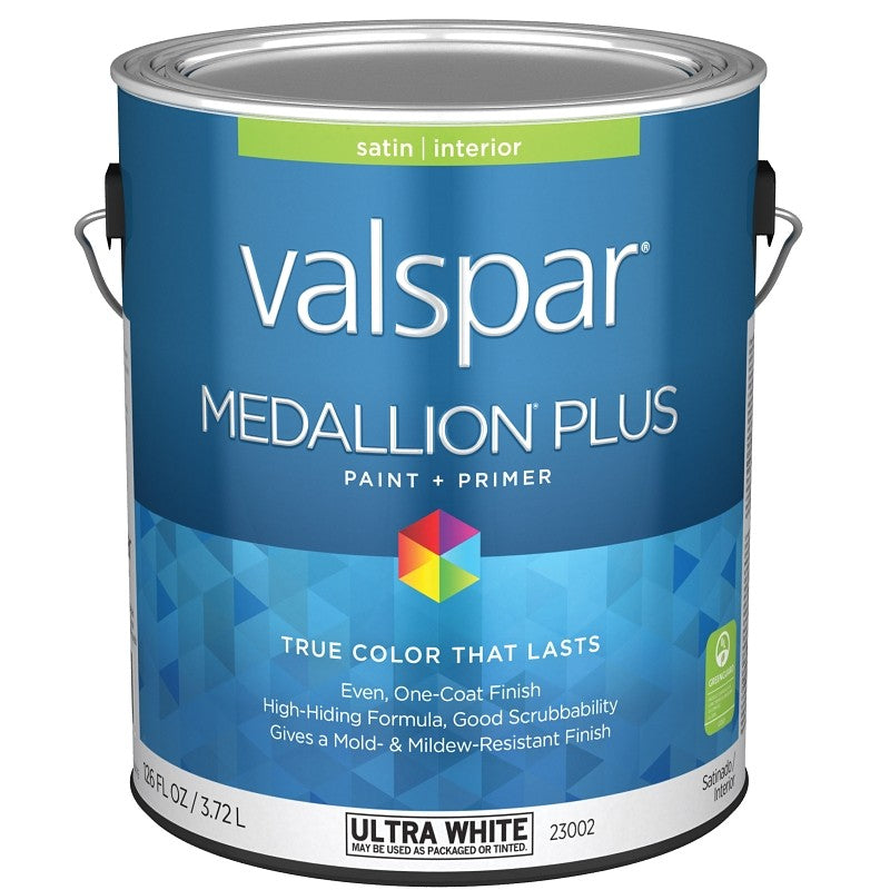 Valspar Medallion Plus 2300 028.0023002.007 Latex Paint, Acrylic Base, Satin Sheen, Ultra White Base, 1 gal, Can (Pack of 4)