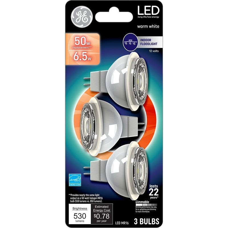 GE Industrial Solutions 93095550 LED Bulb, Track/Recessed, MR16 Lamp, GU5.3 Lamp Base, Dimmable, Clear, Clear Light