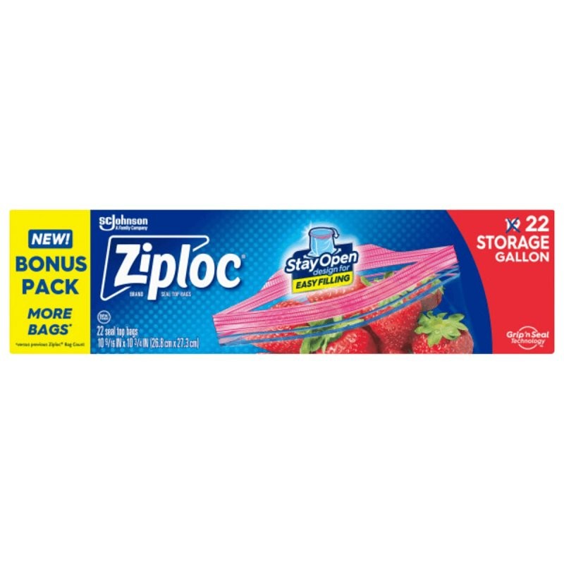 Ziploc 00350 Series Storage Bag, Zipper Closure, 10-9/6 in W, 10-3/4 in L, 1 gal Capacity, Plastic, 19/PK