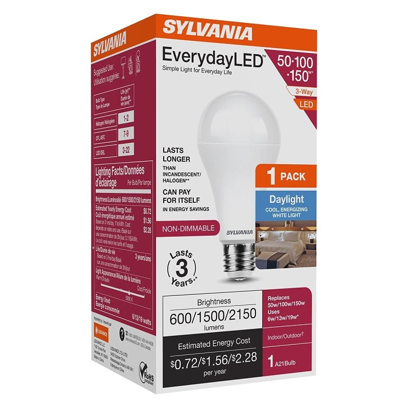 Sylvania 42053 3-Way LED Bulb, A21 Lamp, 50, 100, 150 W Equivalent, E26 Medium Lamp Base, Non-Dimmable, Daylight