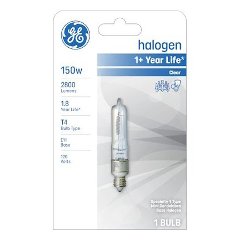 GE 19386 Halogen Bulb, 150 W, E11 Candelabra Lamp Base, T4 Lamp, White Light, 2800 Lumens, 2900 K Color Temp