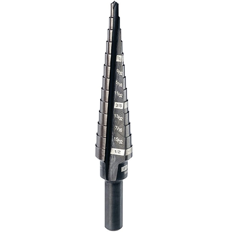Milwaukee 48-89-9201 Step Drill Bit, 1/8 to 1/2 in Dia, 3-7/64 in OAL, 2-Flute, 1/4 in Dia Shank, Flat Shank