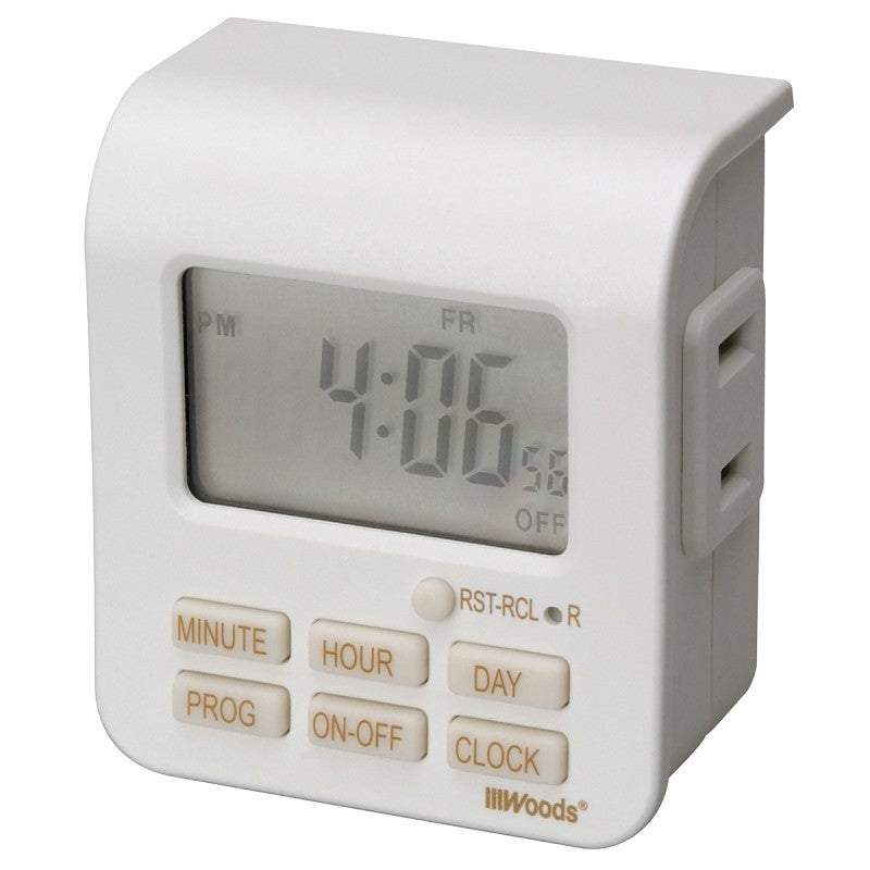 Woods 50008 Digital Timer, 10 A, 125 V, 1250 W, 7 days Time Setting, 20 On/Off Cycles Per Day Cycle, White