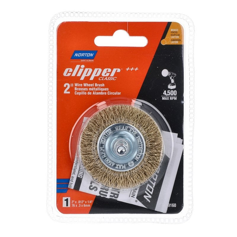 Norton 70184609160 Wire Wheel Brush, 2 in Dia, 1/4 in Arbor/Shank, Crimped Bristle, 0.012 in Dia Bristle