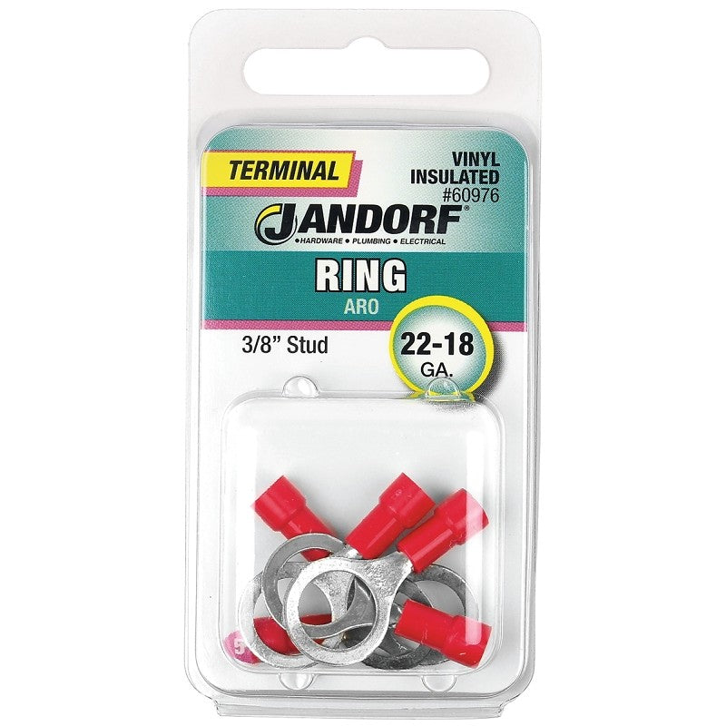 Jandorf 60976 Ring Terminal, 22 to 18 AWG Wire, 3/8 in Stud, Vinyl Insulation, Copper Contact, Red