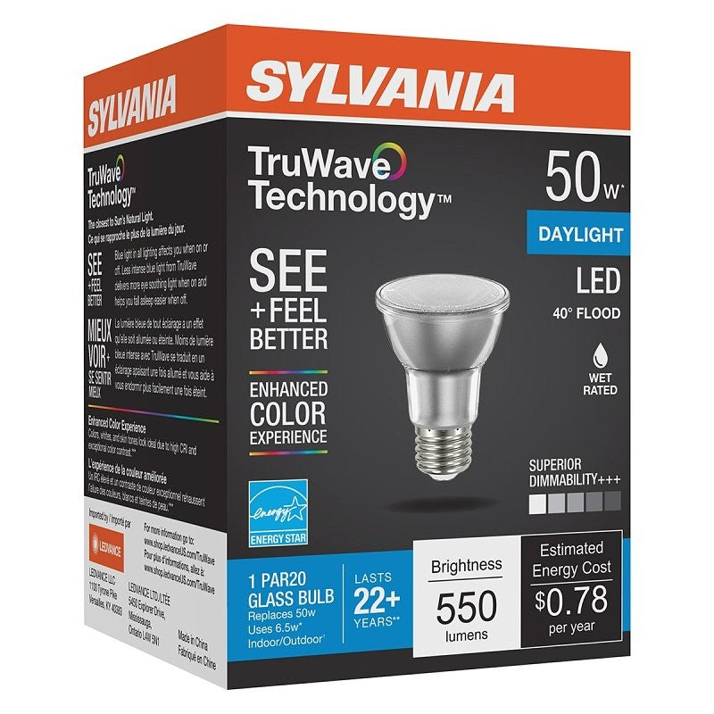 Sylvania 40921 Natural LED Bulb, Spotlight, PAR20 Lamp, E26 Lamp Base, Dimmable, Daylight Light, 5000 K Color Temp