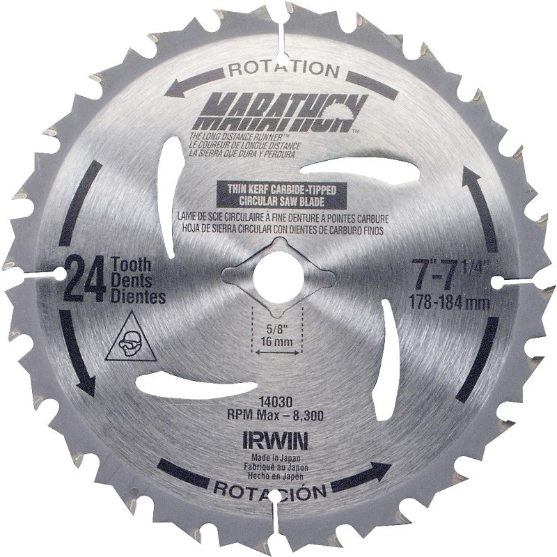 Irwin Marathon 14030 Circular Saw Blade, 7-1/4 in Dia, 5/8 in Arbor, Carbide Cutting Edge, 24-Teeth