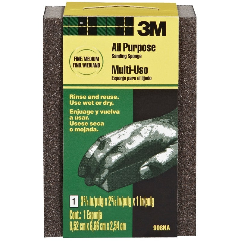 3M 908 Sanding Sponge, 3-3/4 in L, 2-5/8 in W, Fine, Medium, Aluminum Oxide Abrasive