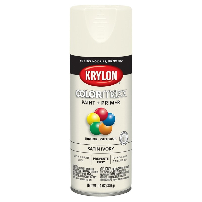 Krylon K05567007 Enamel Spray Paint, 12 oz Can, 25 sq-ft Coverage Area, Acrylic Base, Satin, Ivory