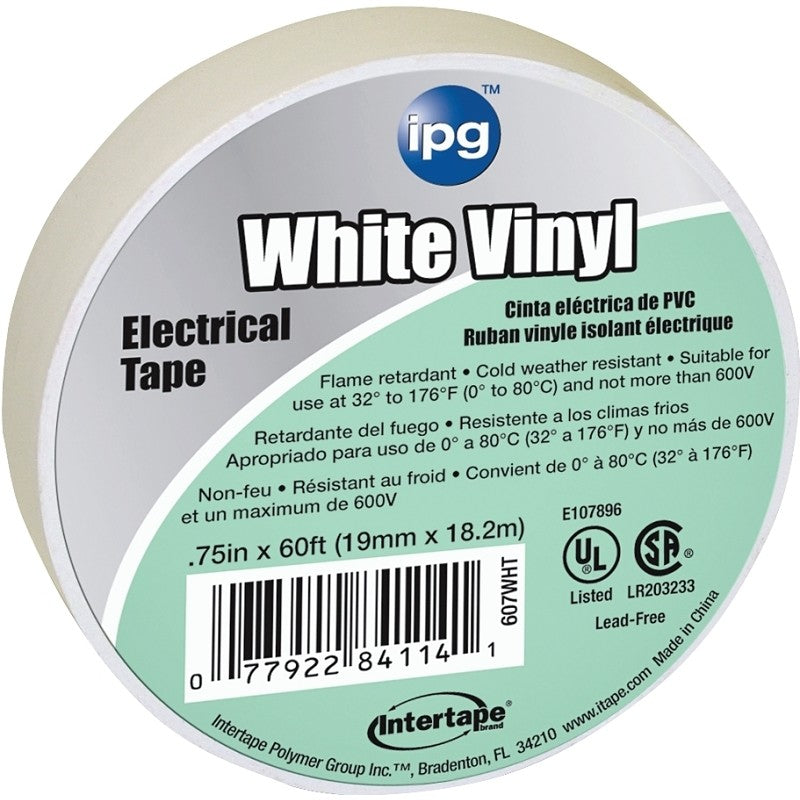 IPG 85828 Electrical Tape, 60 ft L, 3/4 in W, PVC Backing, White