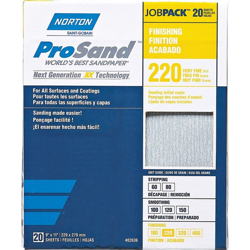 Norton ProSand 07660768167 Sanding Sheet, Tan, 11 in L, 9 in W, Very Fine, 220 Grit, Aluminum Oxide Abrasive