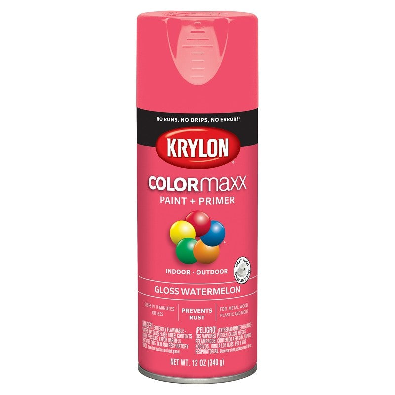 Krylon K05544007 Enamel Spray Paint, 12 oz Can, 25 sq-ft Coverage Area, Solvent Base, Gloss, Watermelon