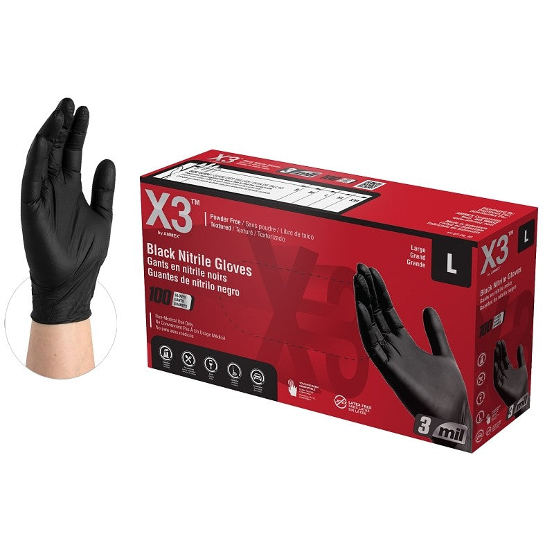 Ammex BX346100 Disposable Gloves, L, Nitrile, Powder-Free, Black, 9-1/2 in L