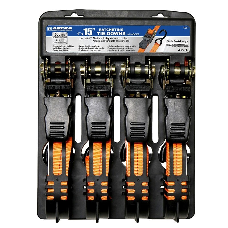 Ancra SL91 Tie-Down, 1 in W, 15 ft L, Polyester, Bright Orange, 500 lb Working Load, S-Hook End
