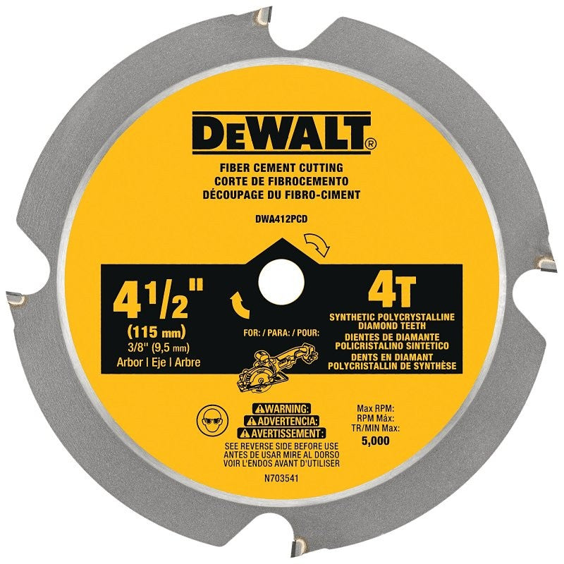 DEWALT DWA412PCD Circular Saw Blade, 4-1/2 in Dia, 3/8 in Arbor, 4-Teeth, Polycrystalline Diamond Cutting Edge